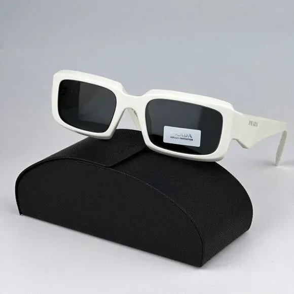 SALE! NEW Prada PR27ZS 17K08Z Talc White Dark Grey Unisex Rectangle Sunglasses - Picture 2 of 13